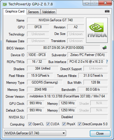GPU-Z ZOTAC GeForce GT 740 2GB DDR5