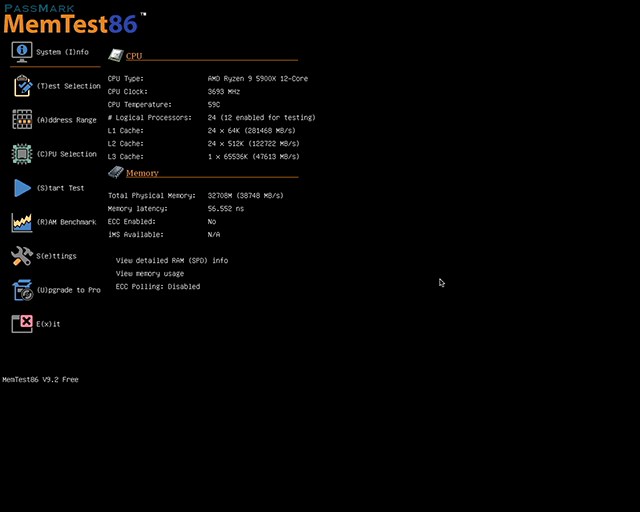 Memtest86のメニュー画面