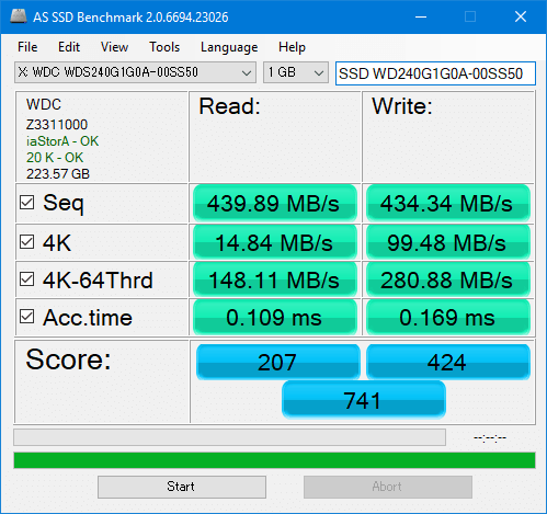 AS SSD Benchmark 2.0 転送速度とスコア 「WD240G1G0A-00SS50」