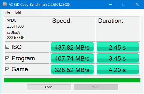 AS SSD Benchmark 2.0 コピー速度と時間 「WD240G1G0A-00SS50」