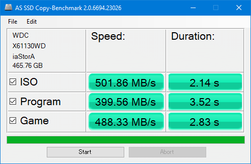 AS SSD Benchmark 2.0 コピー速度と時間 「WDS500G2B0A-00SM50」