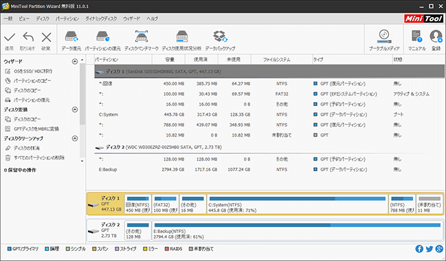 パーティションの操作 MiniTool Partition Wizard 11.0.1 Free