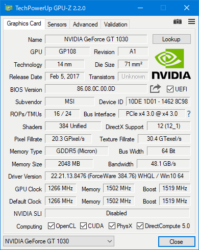 GPU-Z. MSI GeForce GT 1030 AERO ITX 2G OC.