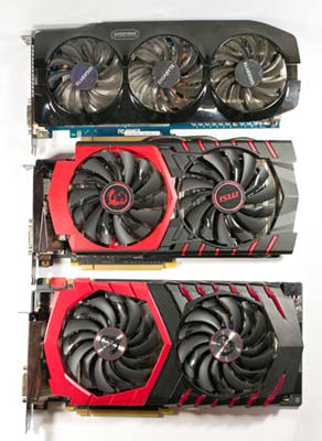 外観比較1。形状とファン。GIGABYTE GV-N670OC-2GD. MSI GTX 960 GAMING 2G. MSI GeForce GTX 1070 GAMING Z 8G.