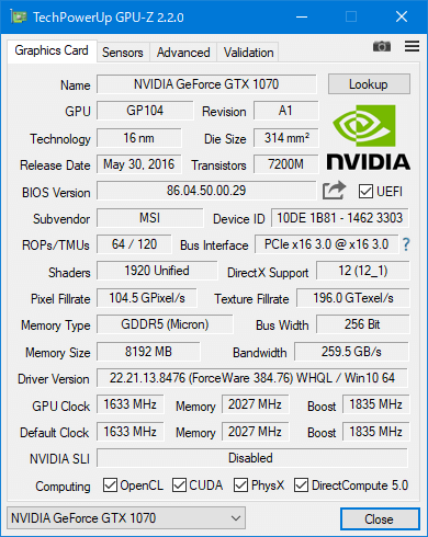 GPU-Z. MSI GeForce GTX 1070 GAMING Z 8G.