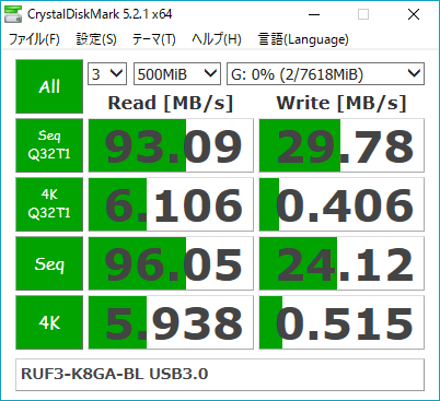 Crystal Disk Mark 5.2.1 x64, 3/500MiB/7618MiB,RUF3-K8GA-BL