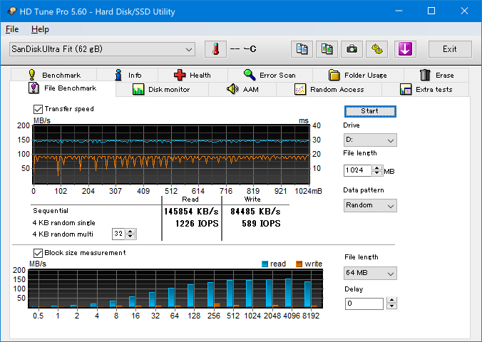 HD Tune Pro 5.60, File Benchmark, SanDisk SDCZ43-064G-GAM46 USB3.0 62gB