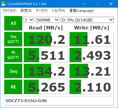 Crystal Disk Mark 5.2.1 x64, 3/500MiB/14GiB,SDCZ73-016G-G46