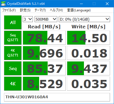 Crystal Disk Mark 5.2.1 x64, 3/500MiB/14GiB,THN-U301W0160A4.