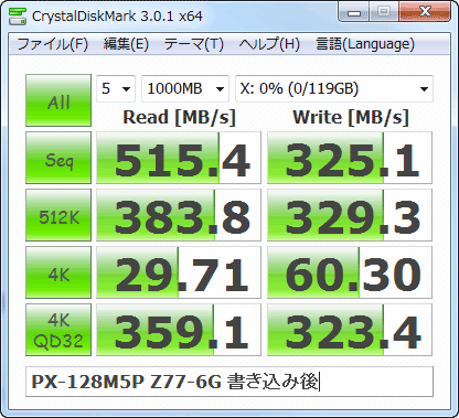 PX-128M5Pの書込後のファイル読み書き性能をCrystalDiskMarkで確認