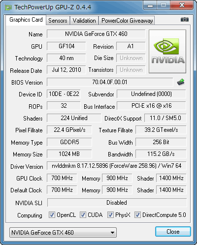 Palit GTX460 Sonic GPU-Z
