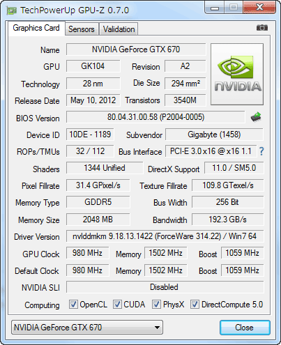 GPU-Z GeForce GTX670 GV-N670OC-2GD