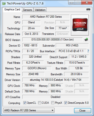GPU-Z MSI R7 240 2GD3 LP